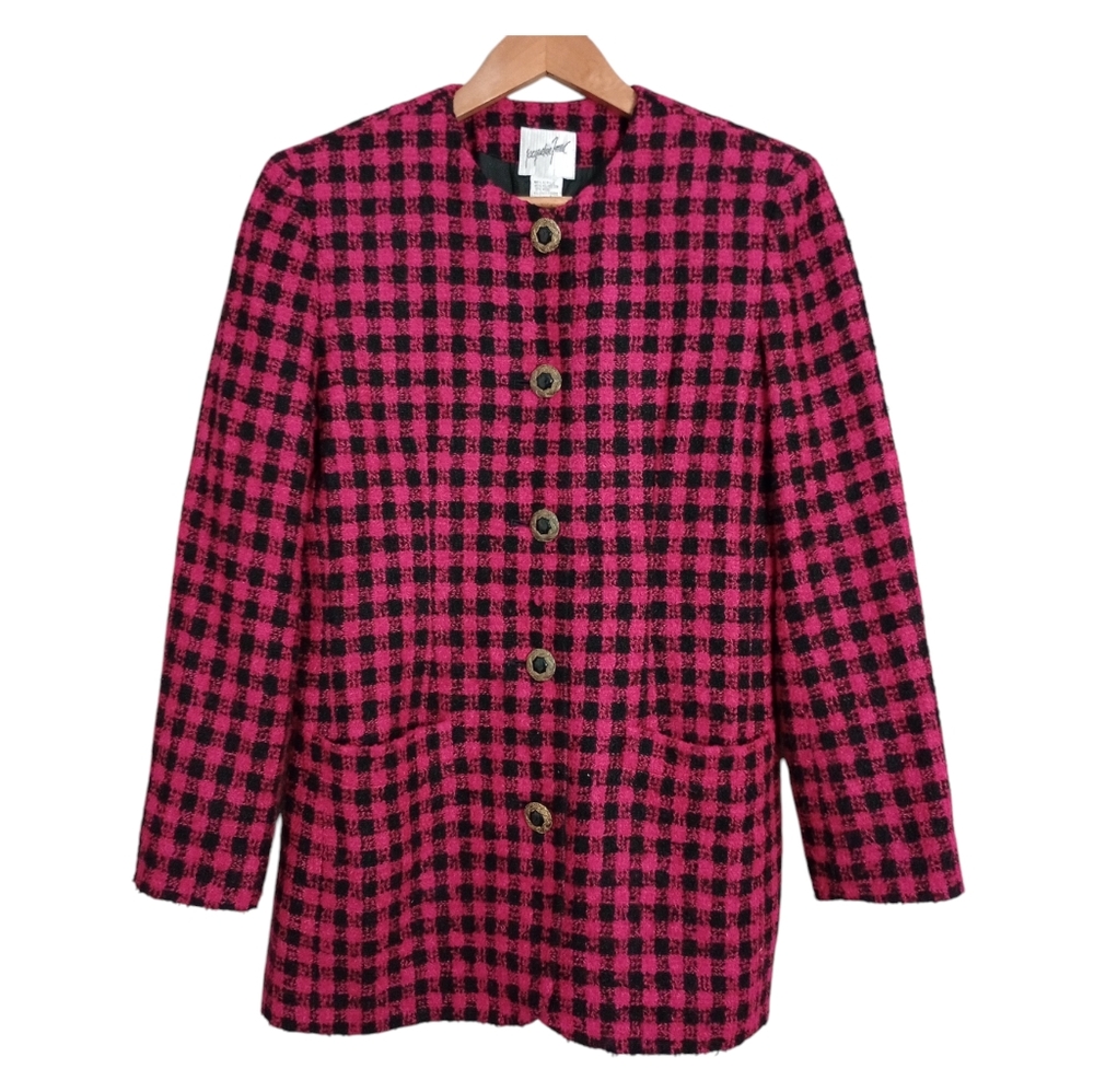 Vintage Jacqueline ferrar black pink gingham plaid collarless blazer the nanny
